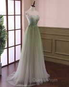 Green Sweetheart Gradient Beaded Tulle Floor Length Party Dress, Green Junior Evening Prom Dress