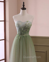 Green Sweetheart Gradient Beaded Tulle Floor Length Party Dress, Green Junior Evening Prom Dress