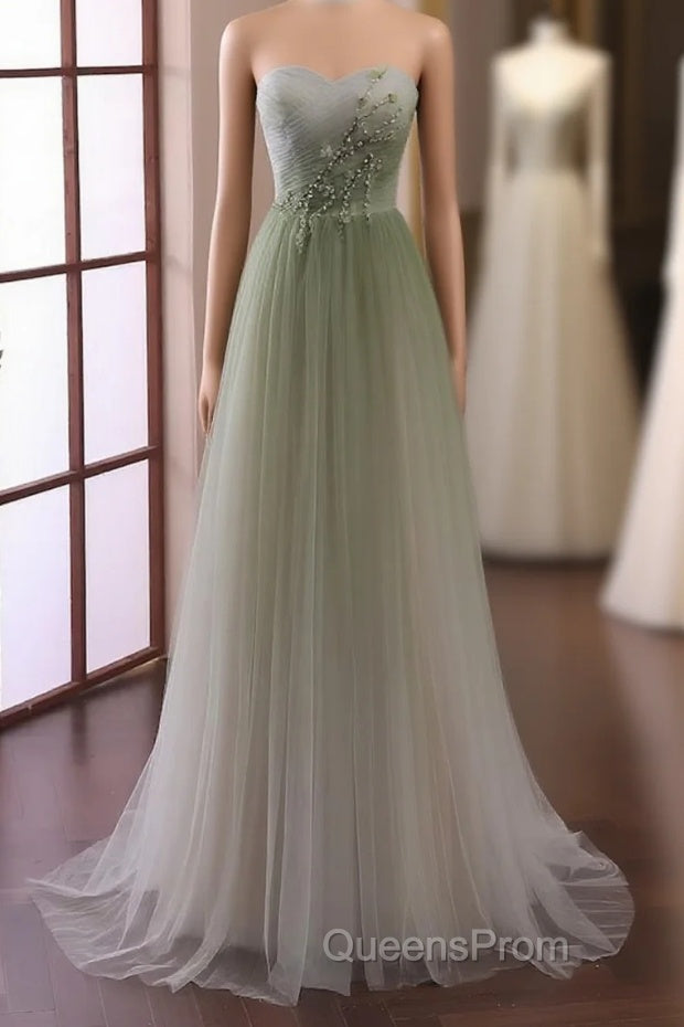 Green Sweetheart Gradient Beaded Tulle Floor Length Party Dress, Green Junior Evening Prom Dress Main image