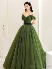 Green Sweetheart Shiny Tulle Off Shoulder Party Dress, Green Long Prom Dress