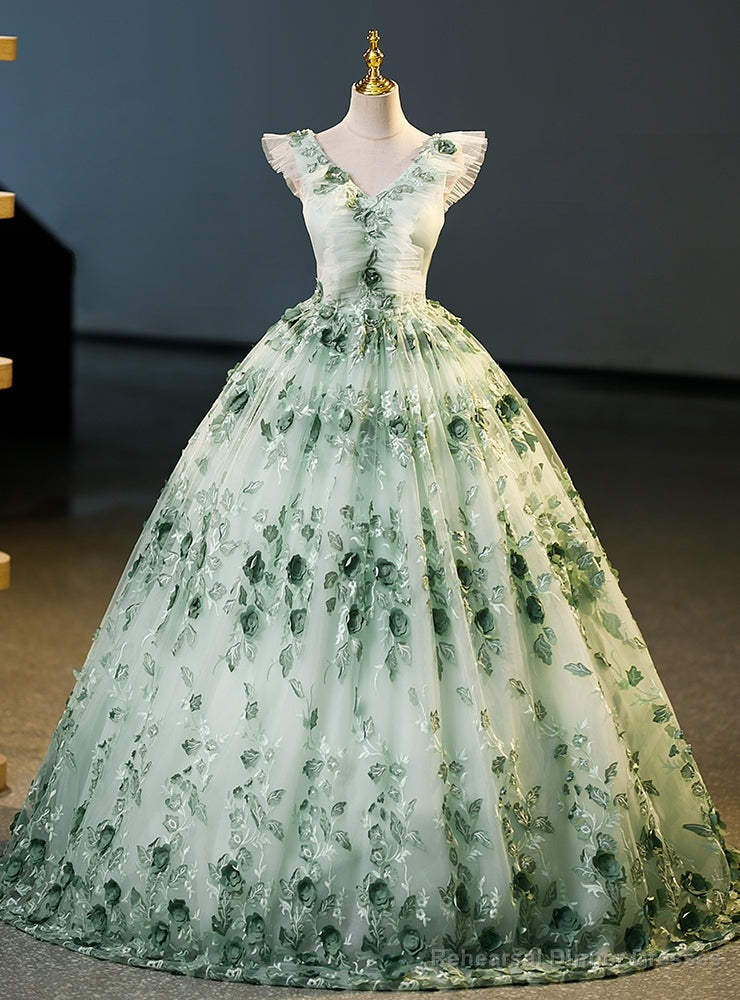 Green Tulle 3D Flower V-neck Quinceanera Dress Main image