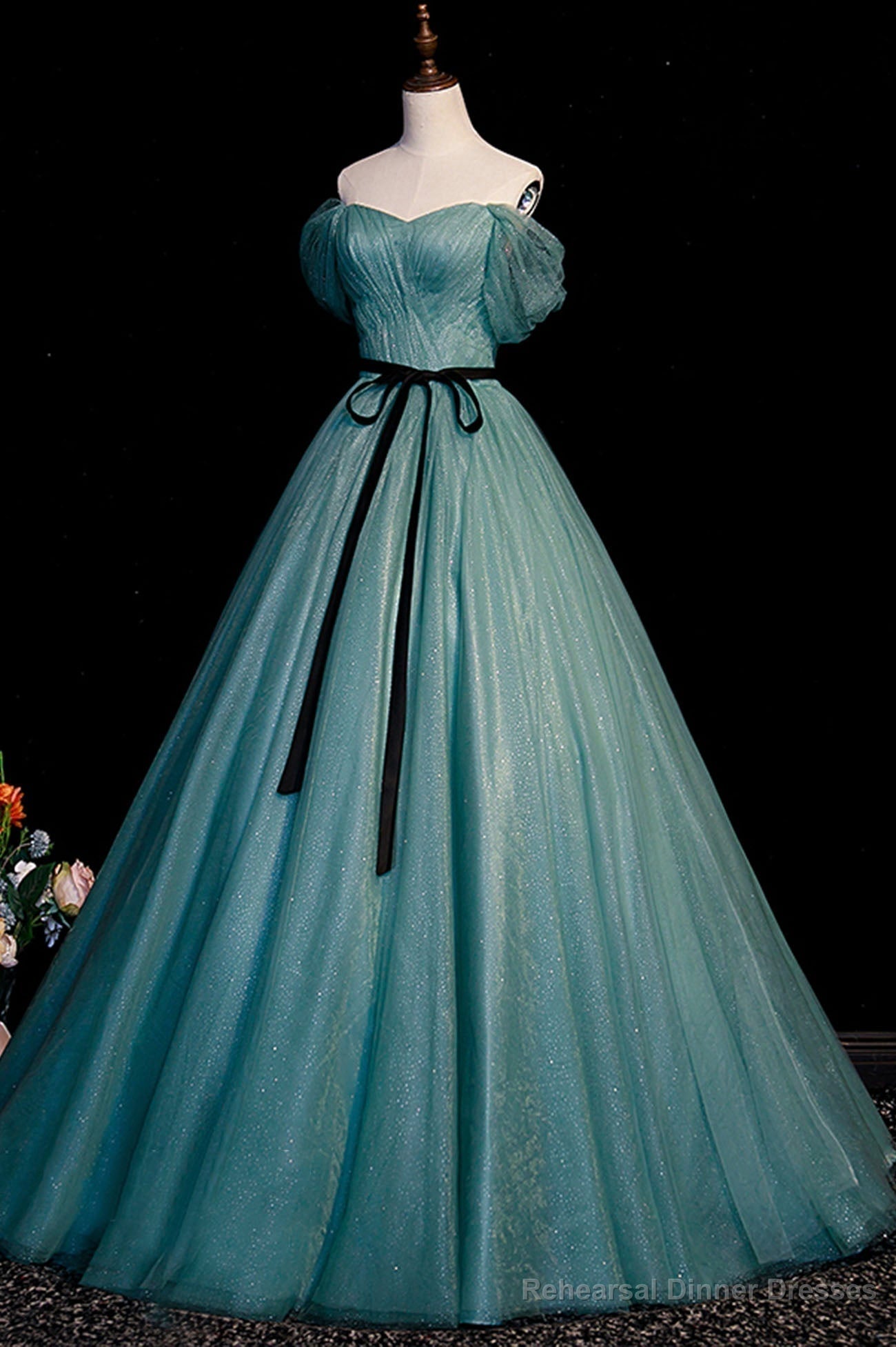 Green Tulle A-Line Off Shoulder Party Dress, Simple Long Prom Dress Main image