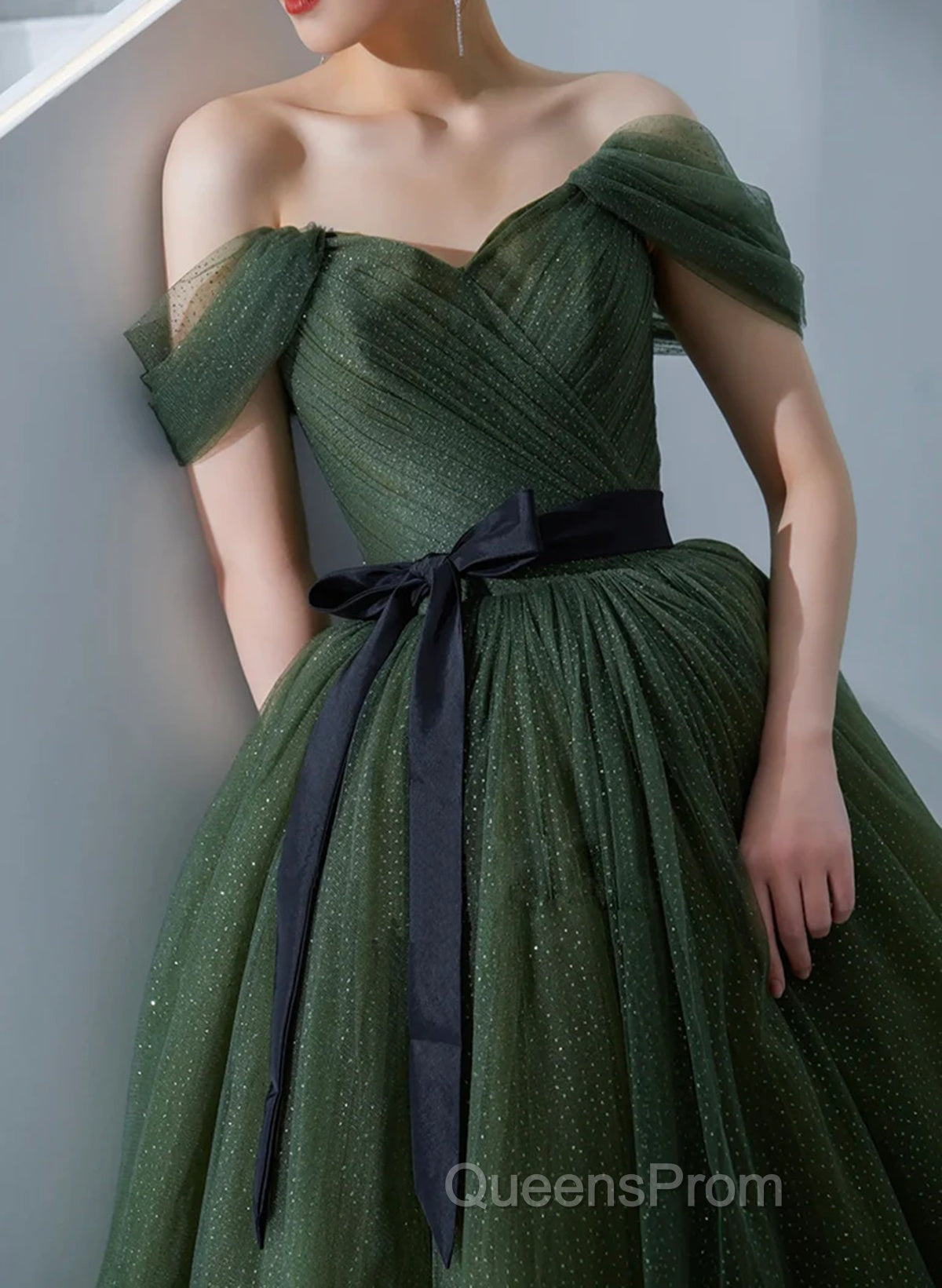 Green Tulle A-Line Off Shoulder Evening Prom Dress, Green Tull Long Formal Dress Evening Dress Secondary image