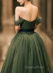 Green Tulle A-Line Off Shoulder Evening Prom Dress, Green Tull Long Formal Dress Evening Dress