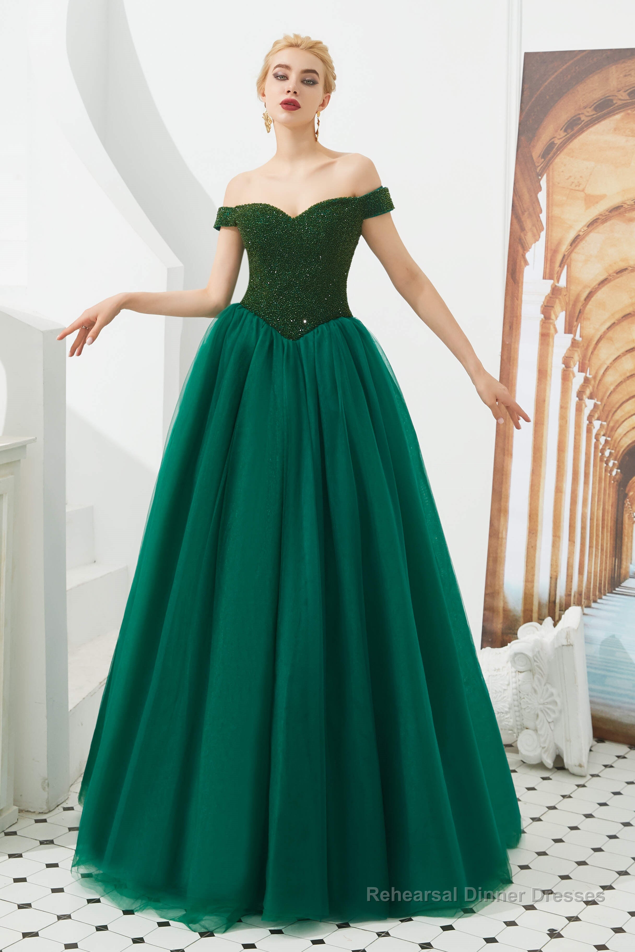 Tulle A line Off Shoulder Sweetheart Beaded Bodice Long Prom Dresses Secondary image