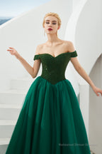 Tulle A line Off Shoulder Sweetheart Beaded Bodice Long Prom Dresses