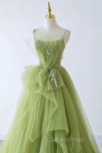 Green Tulle Beaded Long Party Dress, Green Tulle Evening Dress Evening Gown