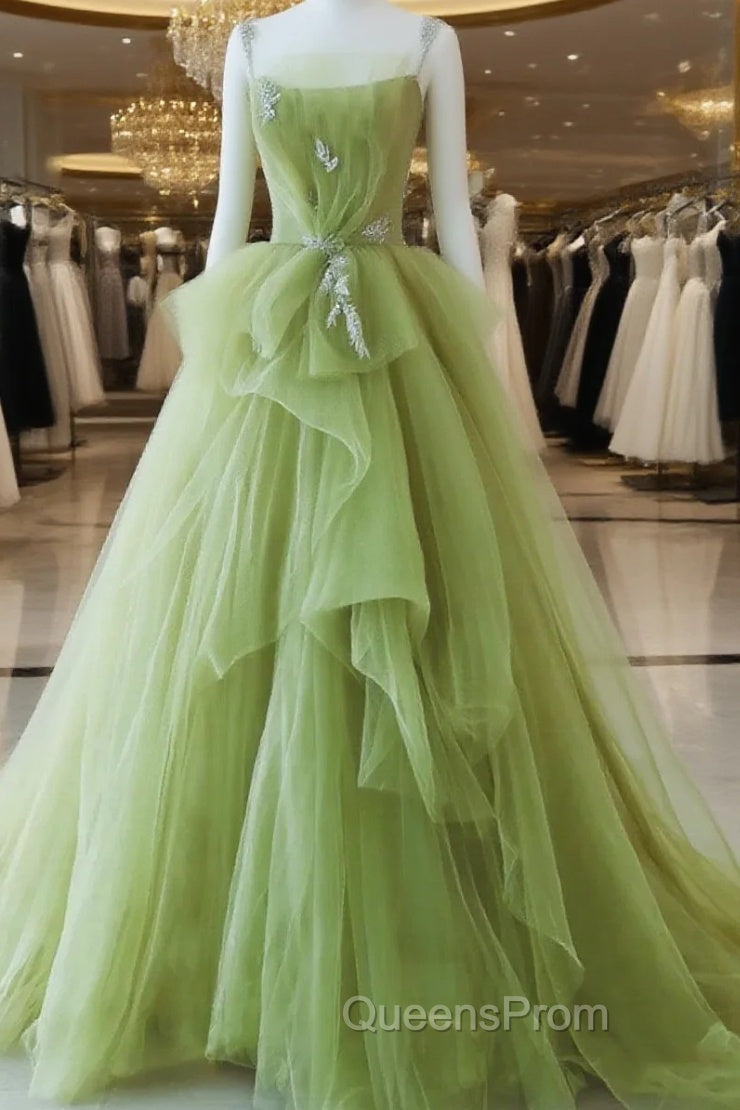 Green Tulle Beaded Long Party Dress, Green Tulle Evening Dress Evening Gown Main image