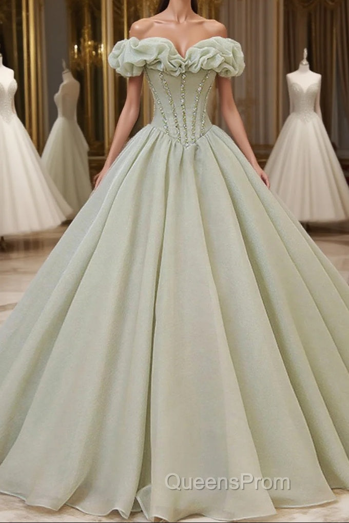 Green Tulle Beading Long Evening Prom Dress, Green Formal Graduation Dress Main image