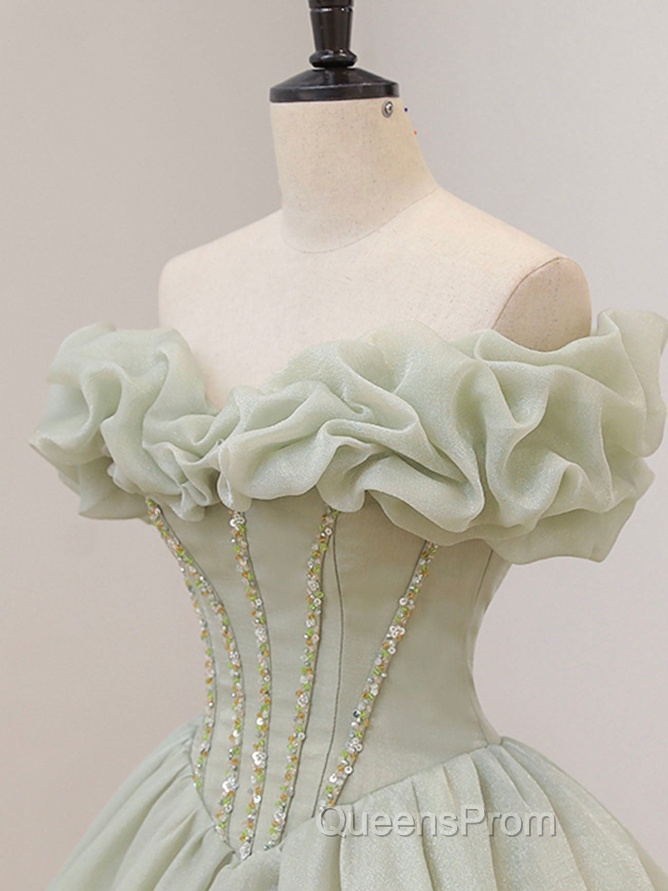 Green Tulle Beading Long Evening Prom Dress, Green Formal Graduation Dress