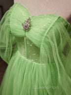 Green Tulle Beading Off Shoulder Sparkle Evening Prom Dress