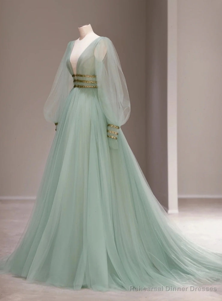 Green Tulle Deep V-neck Long Sleeve Prom Dress Main image
