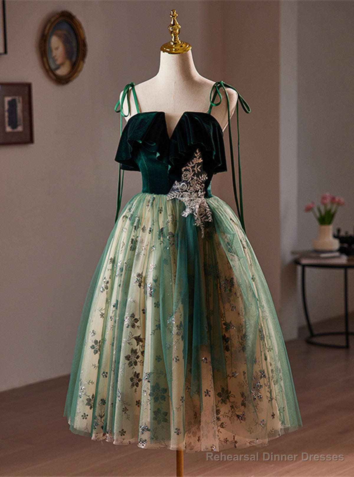 Green Tulle Knee Length Straps Homecoming Dress, Green Homecoming Dress Secondary image