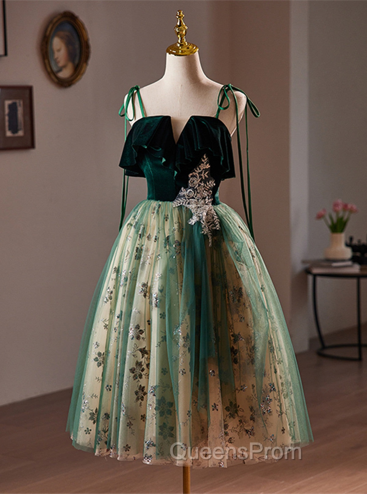 Green Tulle Knee Length Straps Homecoming Dress, Green Homecoming Dress Secondary image