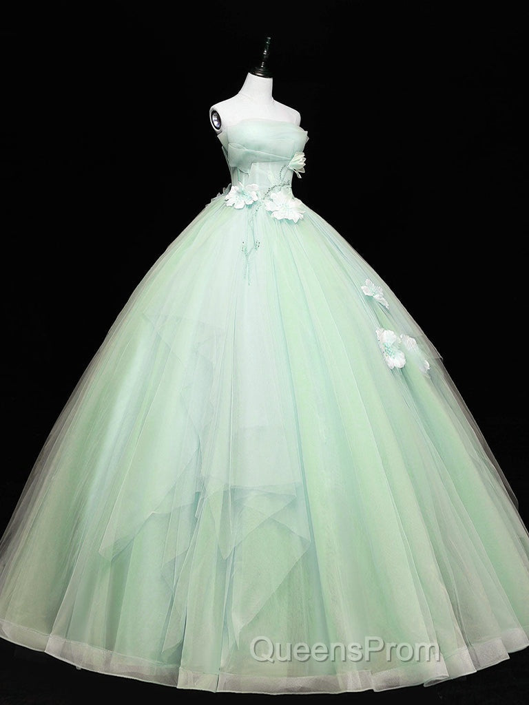 Green Tulle Lace Applique Long Evening Prom Dress, Green Sweet 16 Dress Secondary image