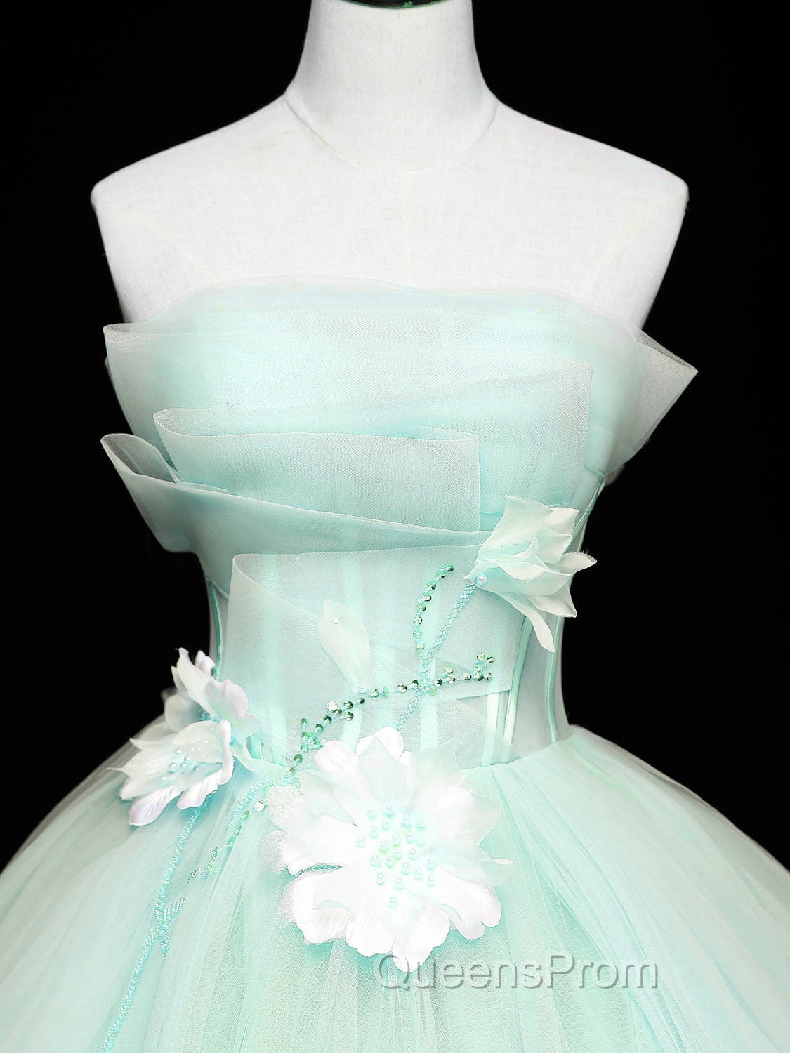 Green Tulle Lace Applique Long Evening Prom Dress, Green Sweet 16 Dress
