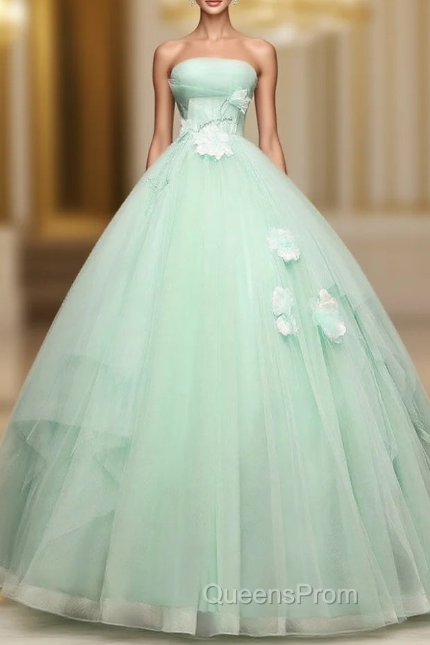 Green Tulle Lace Applique Long Evening Prom Dress, Green Sweet 16 Dress Main image
