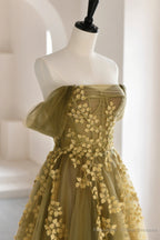 Green Tulle Lace Long Prom Dress, A-Line Off the Shoulder Evening Dress