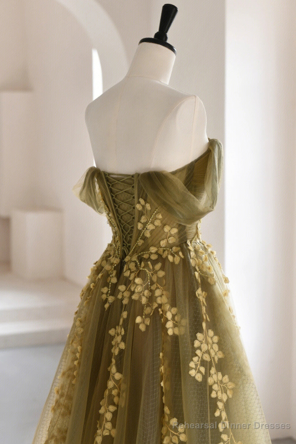 Green Tulle Lace Long Prom Dress, A-Line Off the Shoulder Evening Dress