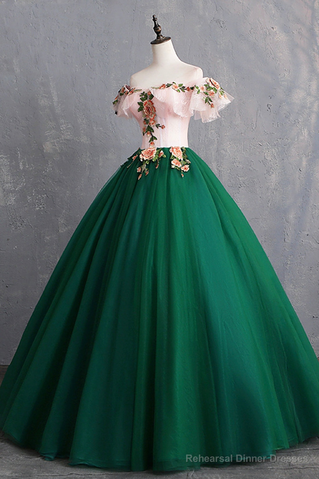 Green Tulle Lace Long Prom Dress, Cute Off Shoulder Evening Dress Party Dress Main image