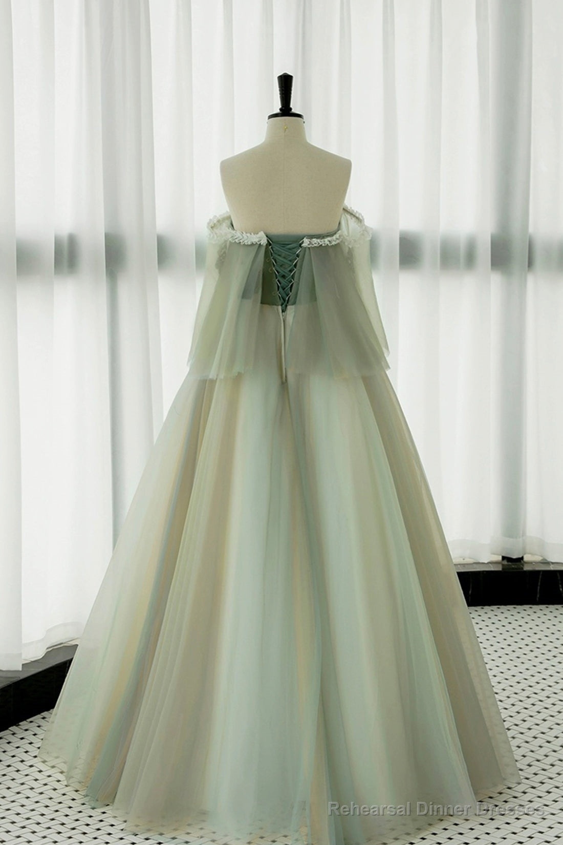 Green Tulle Lace Long Prom Dress, Off Shoulder Evening Formal Dress Secondary image