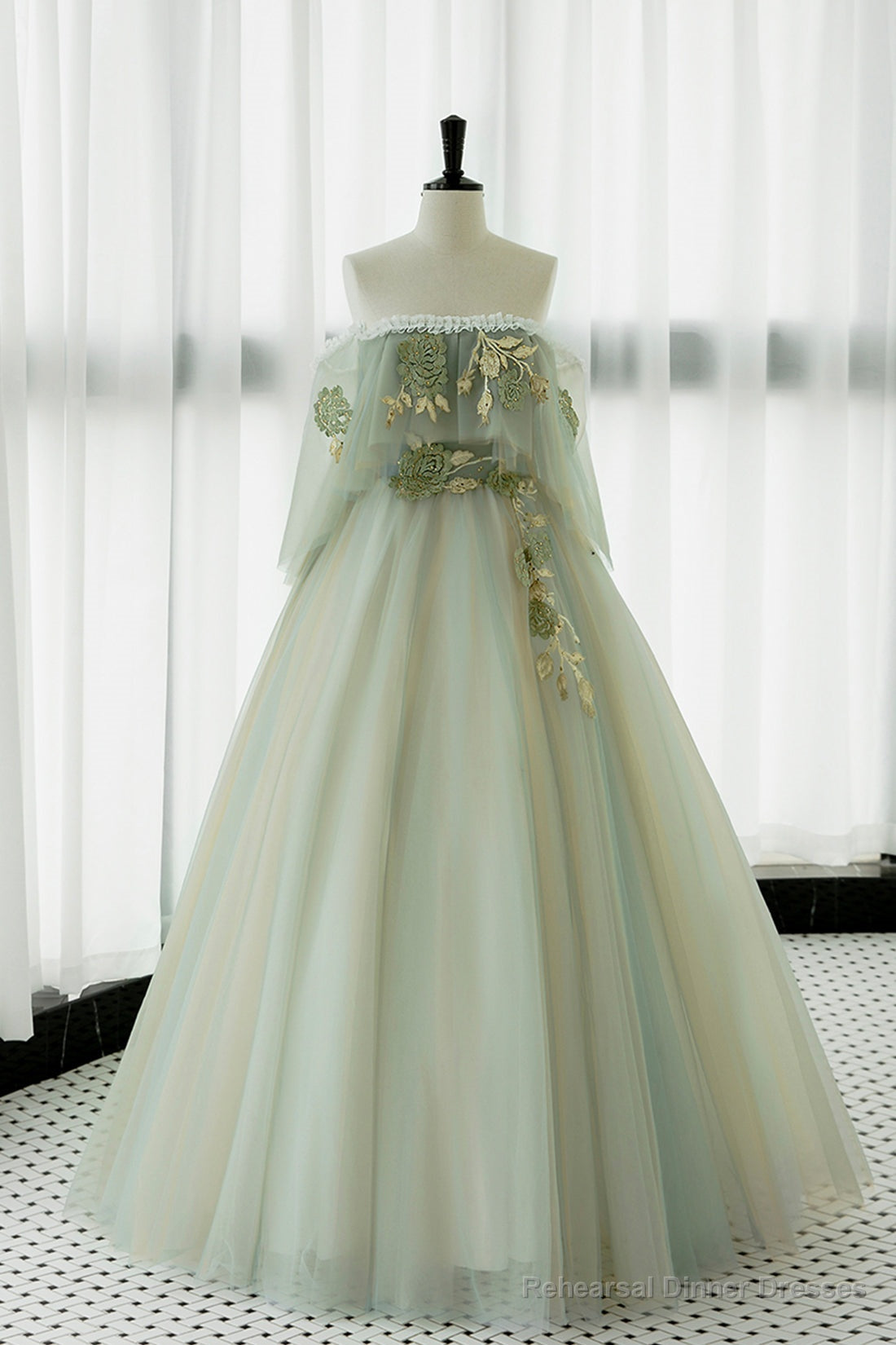 Green Tulle Lace Long Prom Dress, Off Shoulder Evening Formal Dress Main image