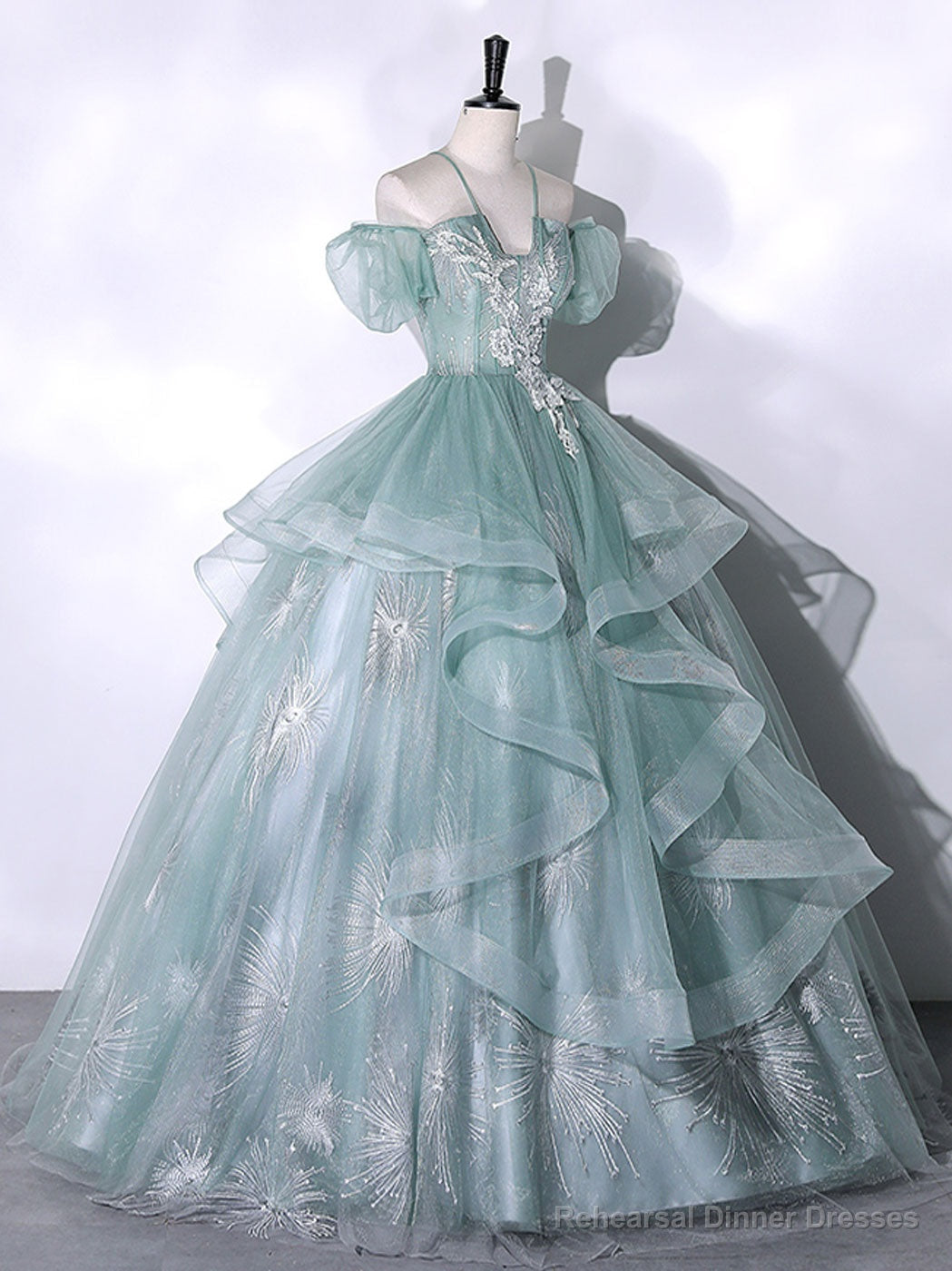 Green Tulle Lace Long Prom Dresses, Green Lace Long Sweet 16 Dress Main image
