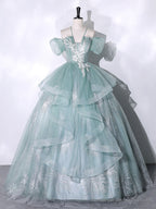 Green Tulle Lace Long Prom Dresses, Green Lace Long Sweet 16 Dress