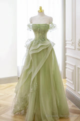 Green Tulle Lace Long Prom Dresses, Green Tulle Lace Formal Evening Dresses