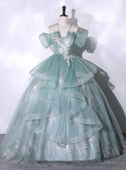 Green Tulle Lace Spaghetti Straps Quinceanera Dress