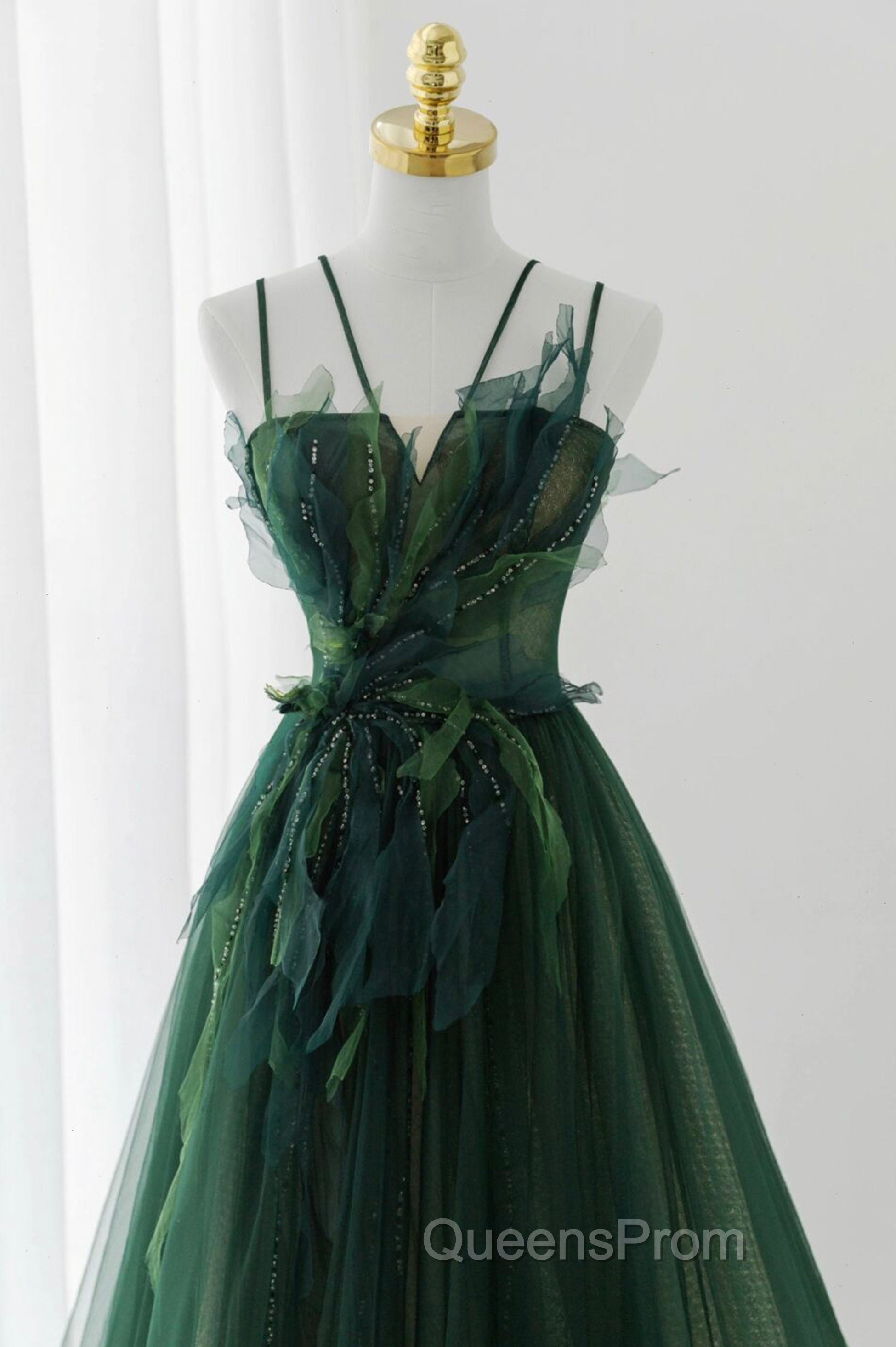 Green Tulle Long A-Line Evening Prom Dress, Beautiful Spaghetti Straps Evening Dress Secondary image