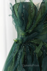 Green Tulle Long A-Line Evening Prom Dress, Beautiful Spaghetti Straps Evening Dress