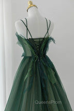 Green Tulle Long A-Line Evening Prom Dress, Beautiful Spaghetti Straps Evening Dress