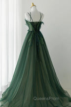 Green Tulle Long A-Line Evening Prom Dress, Beautiful Spaghetti Straps Evening Dress