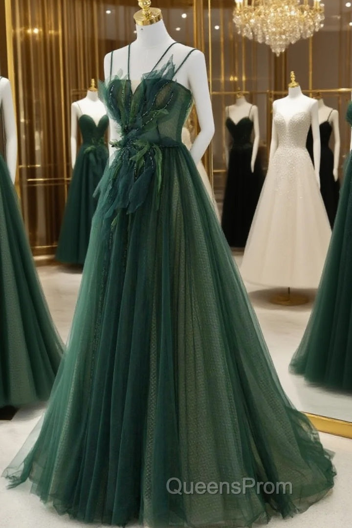 Green Tulle Long A-Line Evening Prom Dress, Beautiful Spaghetti Straps Evening Dress Main image