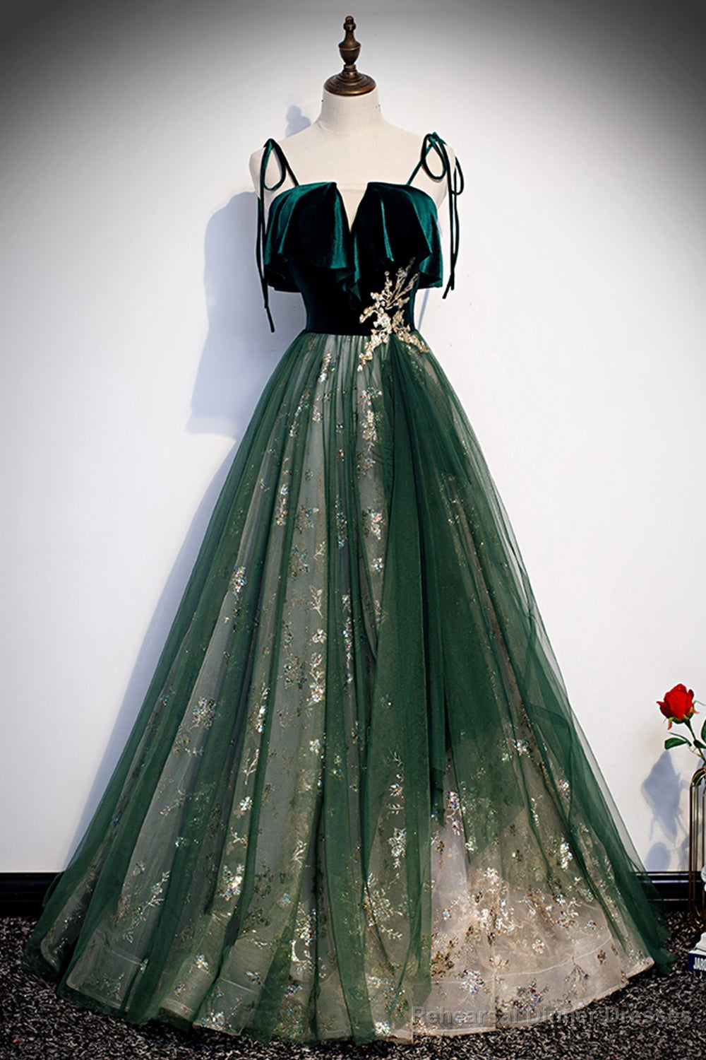 Green Tulle Long A-Line Prom Dress, Green Spaghetti Straps Graduation Dress Secondary image