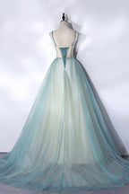 Green Tulle Long A-Line Prom Dress, Green Spaghetti Straps Graduation Dress