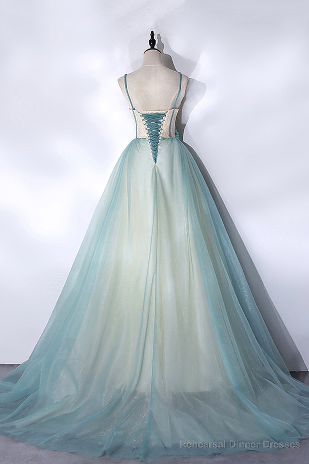 Green Tulle Long A-Line Prom Dress, Green Spaghetti Straps Graduation Dress