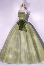 Green Tulle Long A-Line Prom Dress, Green Strapless Evening Gown