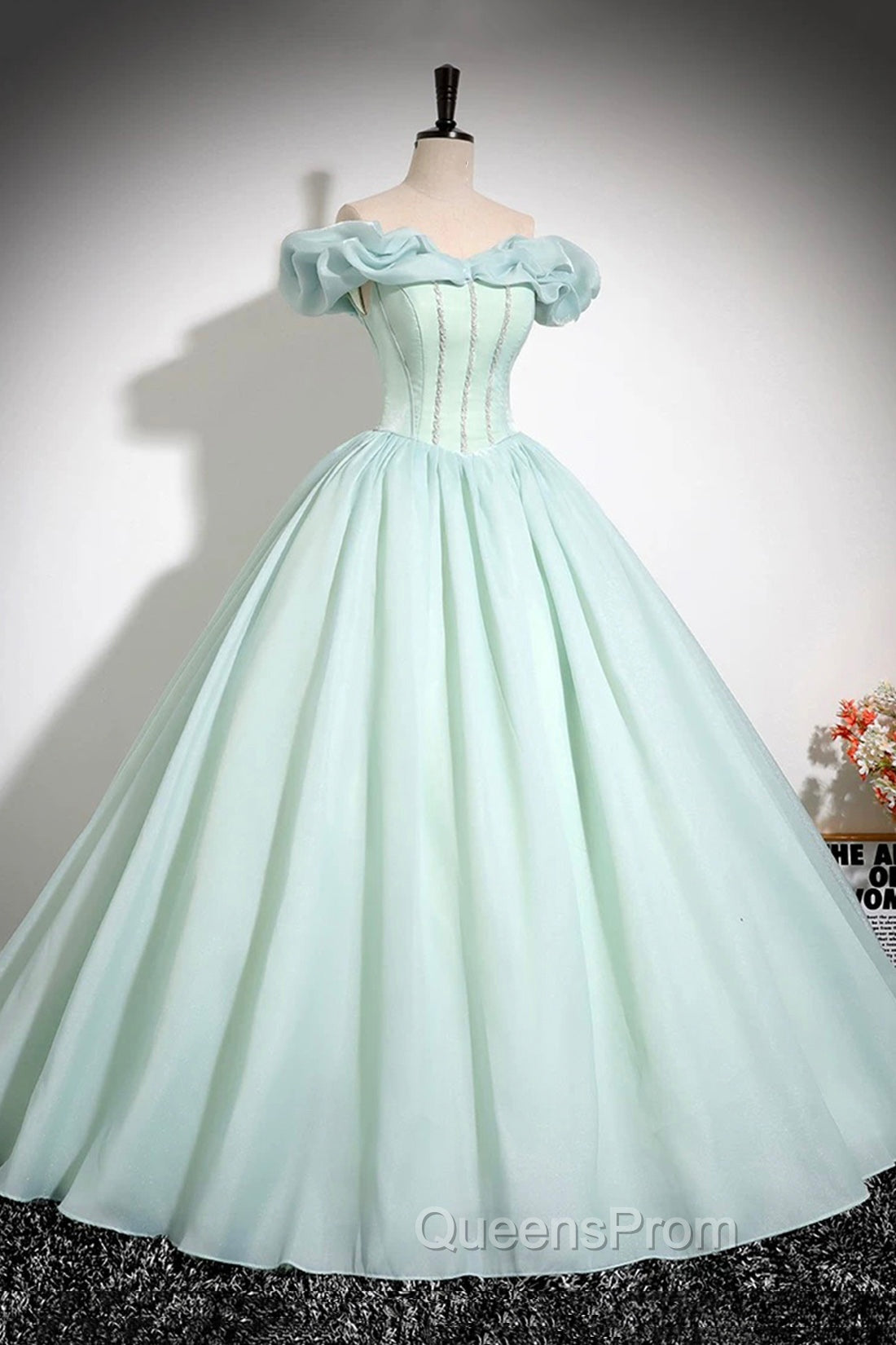 Green Tulle Long A-Line Evening Prom Dress, Lovely Off The Shoulder Evening Party Dress Secondary image