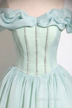 Green Tulle Long A-Line Evening Prom Dress, Lovely Off The Shoulder Evening Party Dress