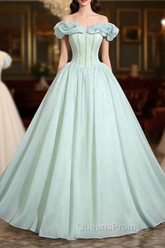 Green Tulle Long A-Line Evening Prom Dress, Lovely Off The Shoulder Evening Party Dress Main image