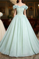 Green Tulle Long A-Line Evening Prom Dress, Lovely Off The Shoulder Evening Party Dress
