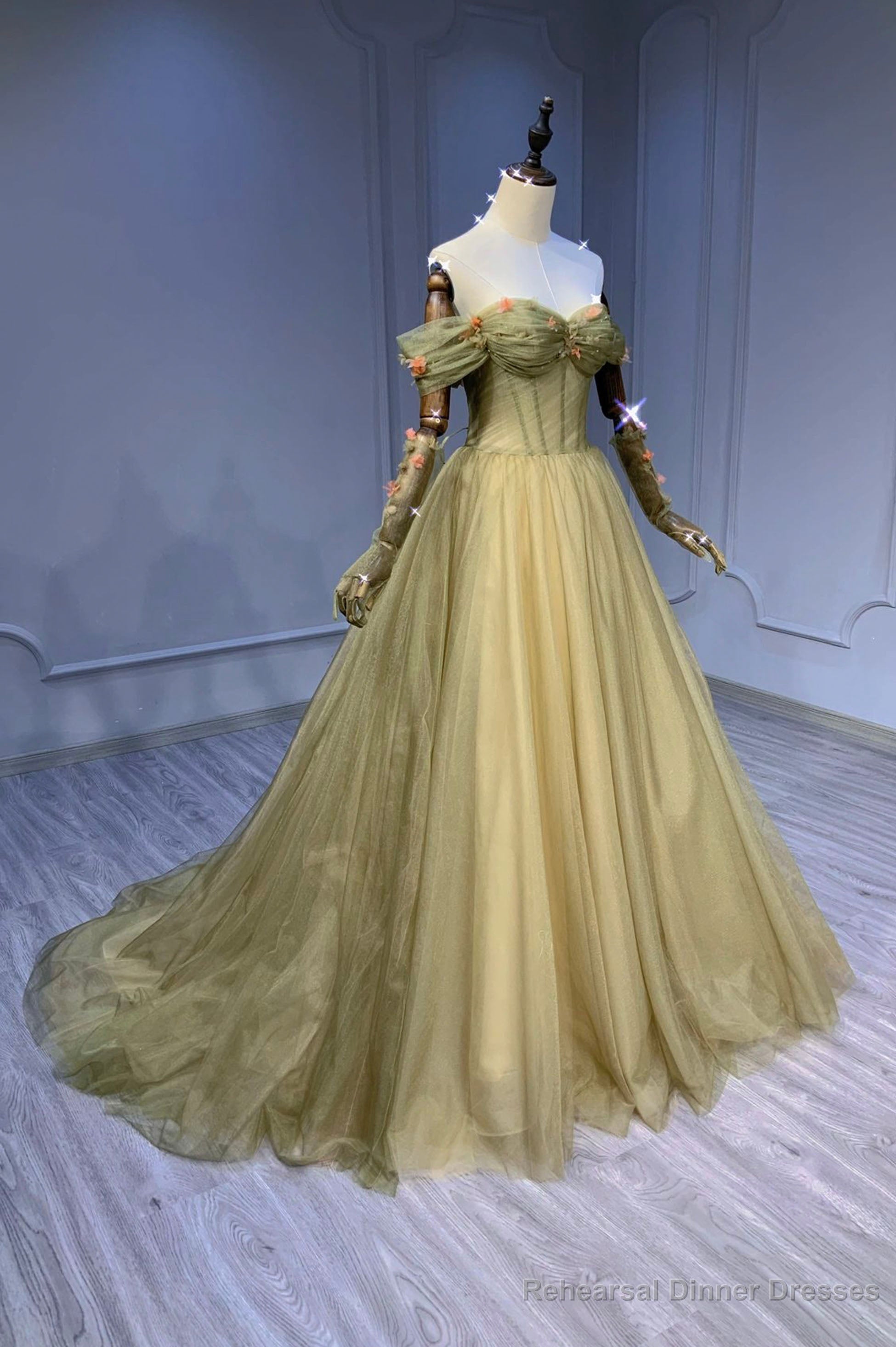 Green Tulle Long Prom Dress, Off the Shoulder Evening Graduation Dress Main image