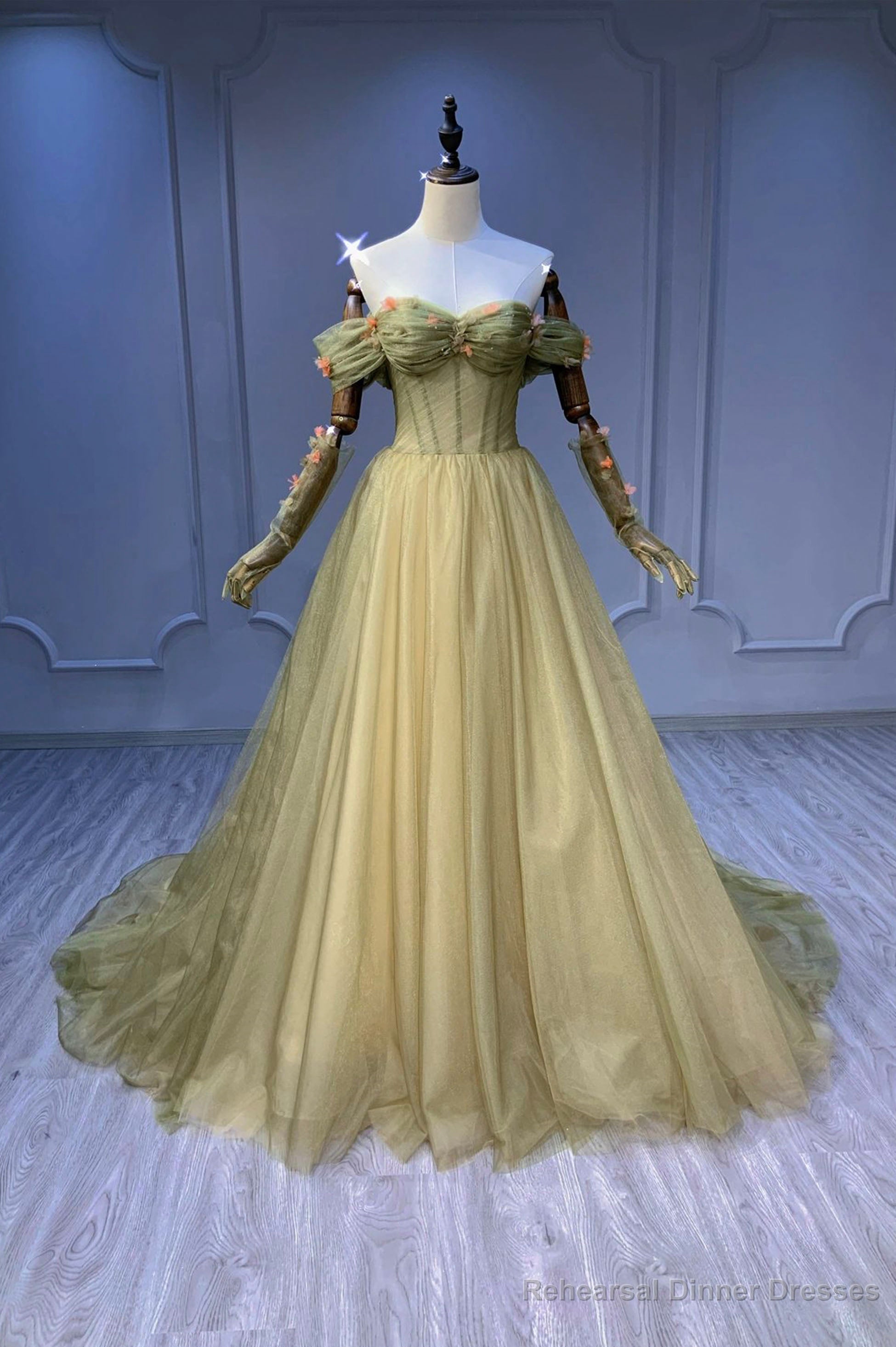 Green Tulle Long Prom Dress, Off the Shoulder Evening Graduation Dress Secondary image