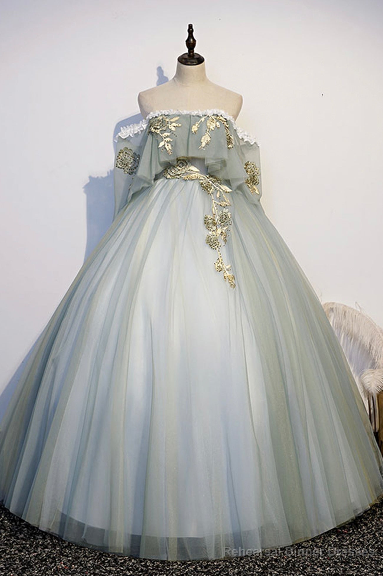 Green Tulle Long Prom Dress with Lace, Off the Shoulder Evening Gown Main image
