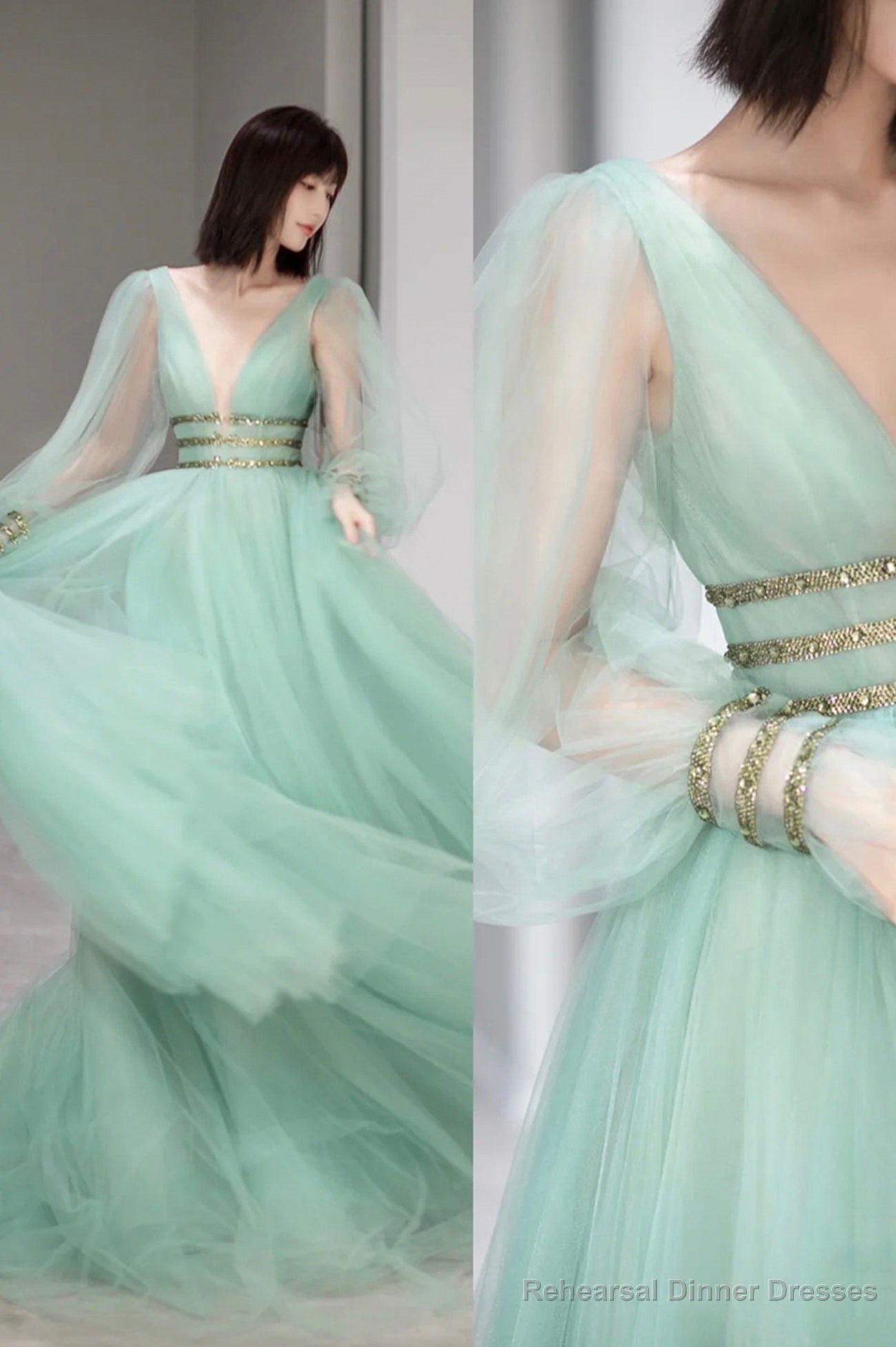 Green Tulle Long Prom Dress with Sequins, Green Long Sleeve Evening Party Dress Main image