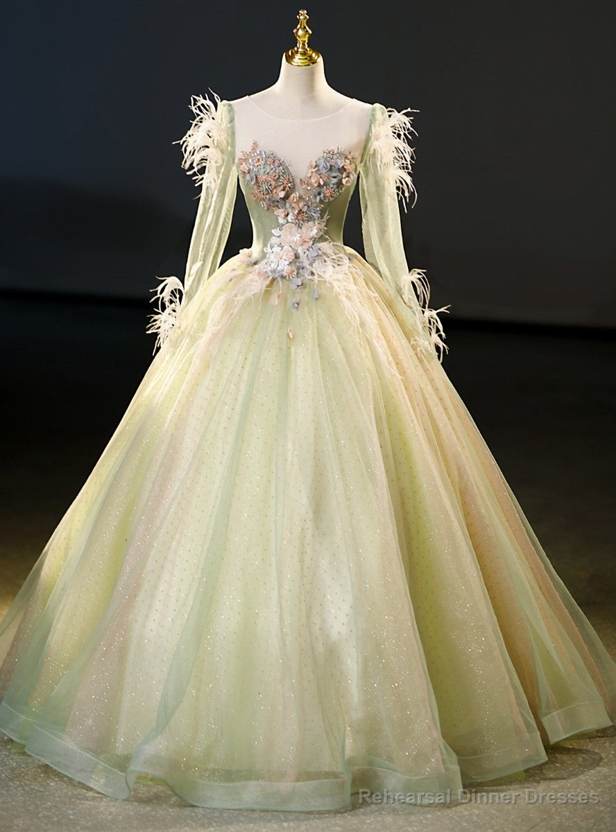 Green Tulle Long Sleeve Appliques Feather Quinceanera Dress Main image