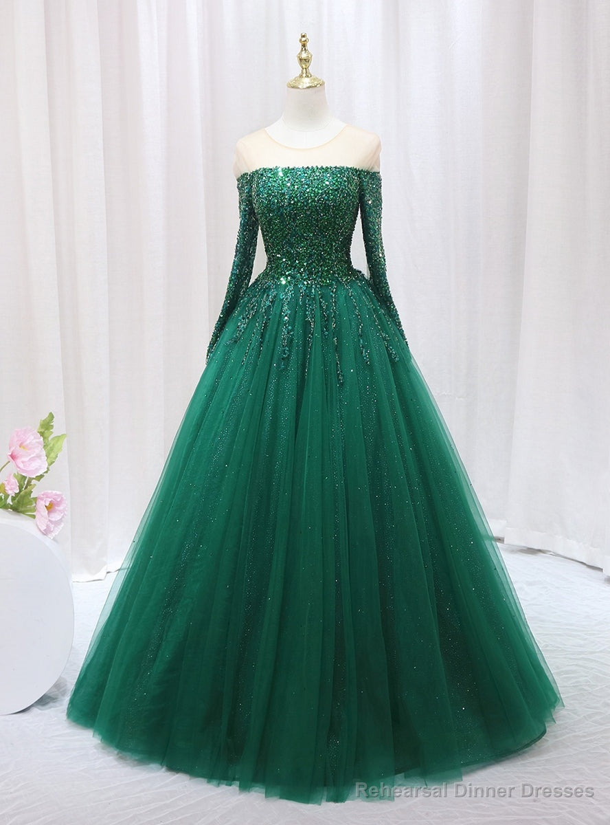 Green Tulle LOng Sleeve Beading Sequins Prom Dress Main image