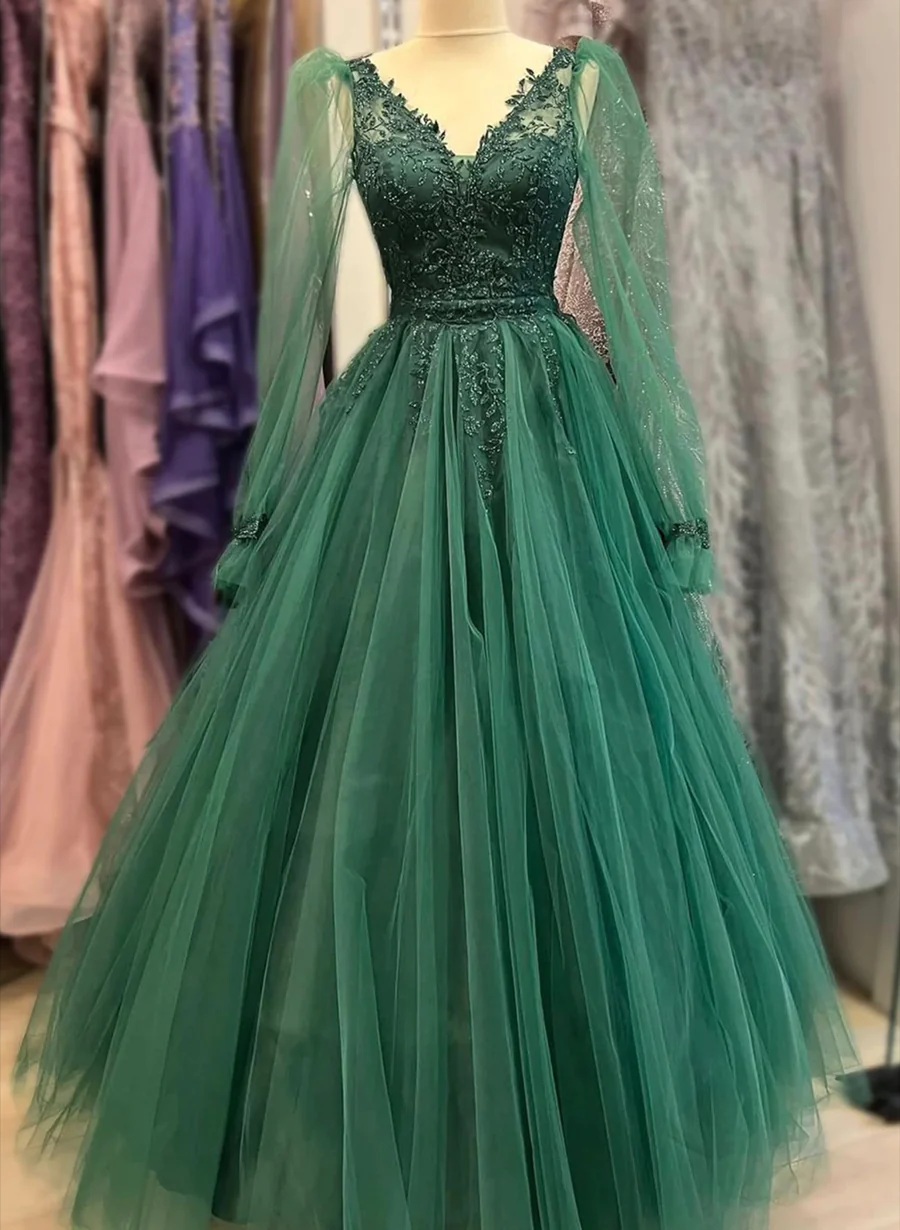 Green Tulle Long Sleeves A-Line With Lace Party Dress, Green Wedding Party Dress Main image